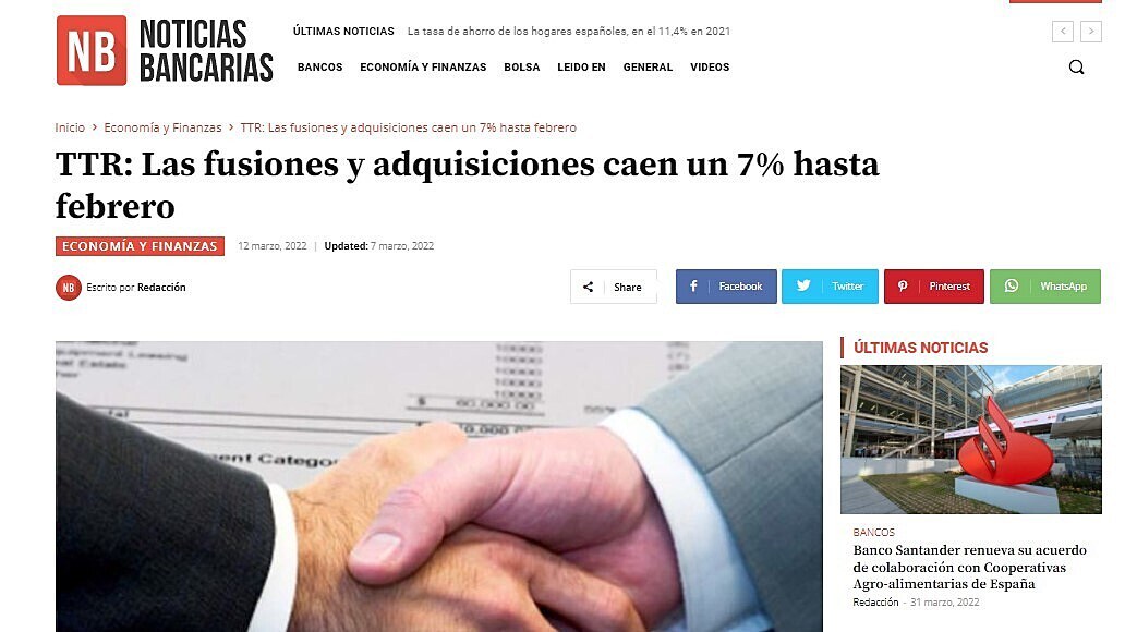 TTR: Las fusiones y adquisiciones caen un 7% hasta febrero